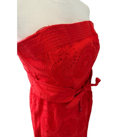 Plenty Tracy Reese Eyelet Strapless Dress Obi Belt Tomato Red 6 - Picture 4 of 7